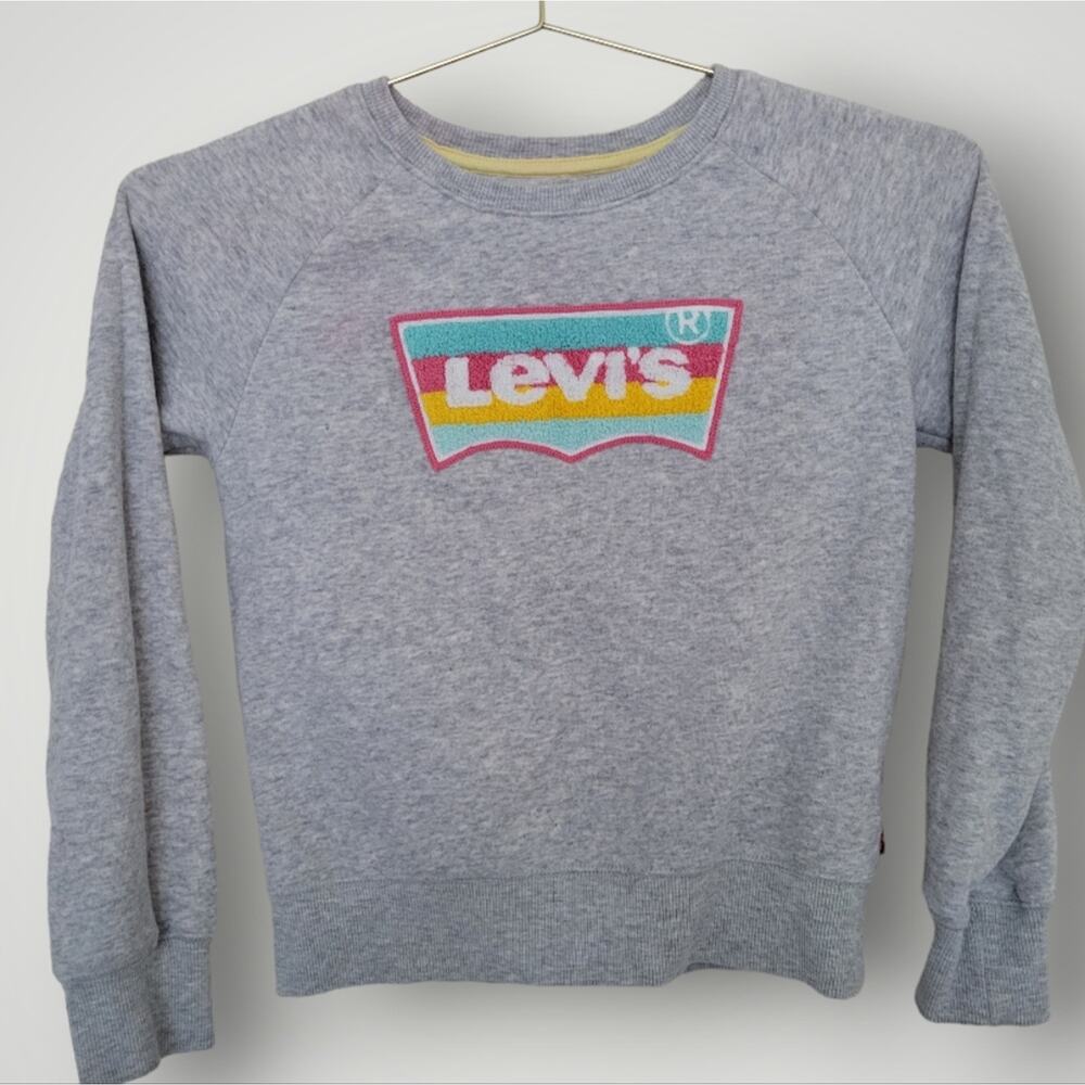 Levi's Girls' Crewneck Sweatshirt Size Medium M Gray Rainbow Terry Cloth Logo